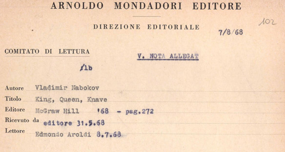 Particolare di un parere di lettura sull'opera di Vladimir Nabokov “King, Queen, Knave”